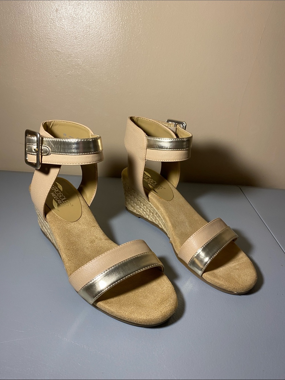 Aerosoles Heelrest Wedge Espadrille Sandals with Gold Accent - Women's Beige - Picture 3 of 7